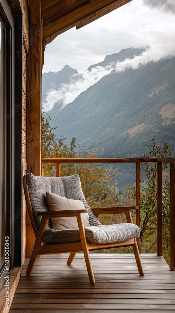 Fototapeta premium Mountain View Wooden Chair on a Balcony