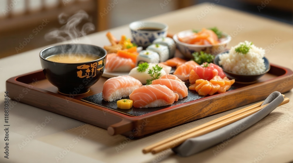 Delicious assorted sushi platter with fresh miso soup Delicious assorted sushi platter with fresh miso soup