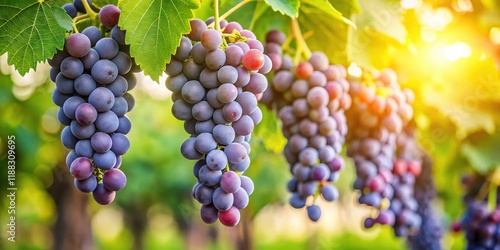 Wallpaper Mural Fresh Gamay grapes hang from lush green leaves on a sunny vine, with a few berries ripening in the background , gamay grapes, summer harvest Torontodigital.ca