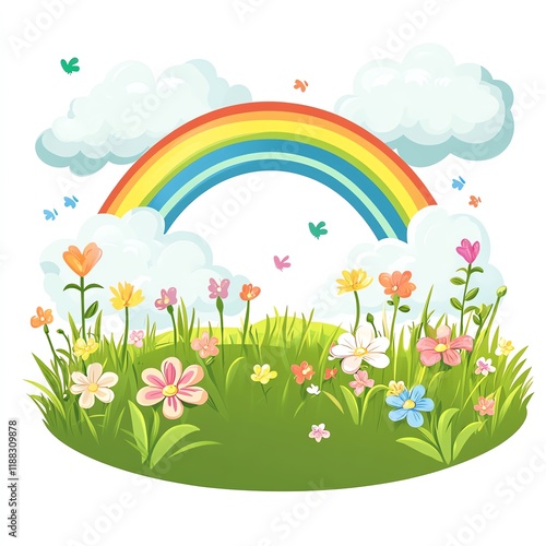A vibrant illustration of flowers and a rainbow under fluffy clouds.