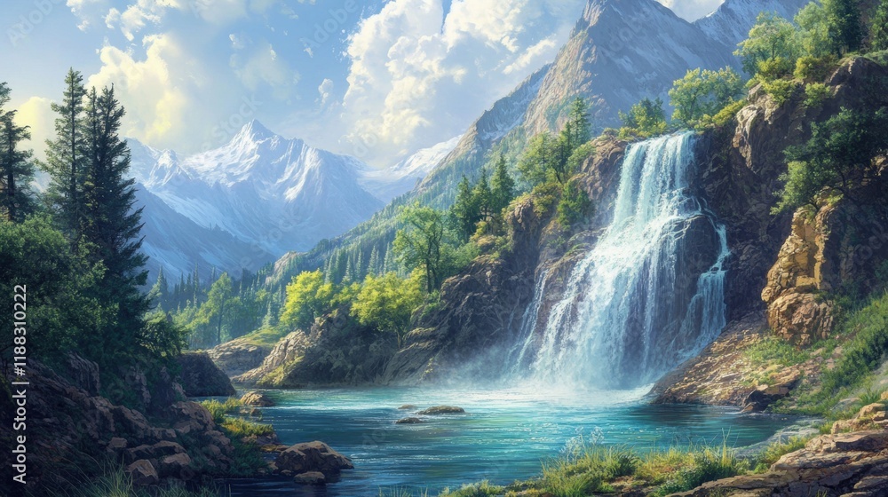 Fototapeta premium Cascading Waterfall Serenity, water flowing over rugged cliffs into a tranquil pool, surrounded by lush greenery and vibrant nature.