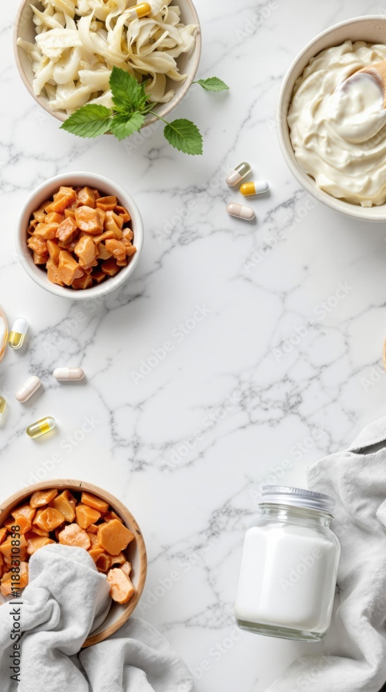 Diverse fermented foods and supplements on marble surface for health and wellness Diverse fermented foods and supplements on marble surface for health and wellness