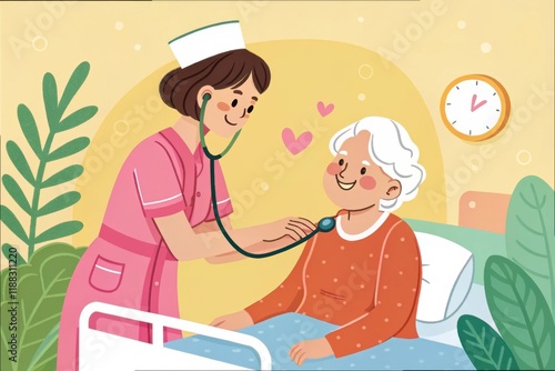 Caring nurse assists elderly patient in hospital room with compassion and warmth photo