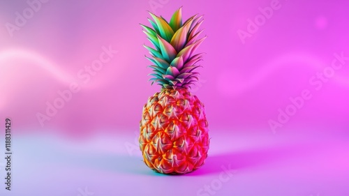 A Single Pineapple Standing in the Center of a Smooth Gradient Background with a Soft Pink Hue and Hints of Purple and White