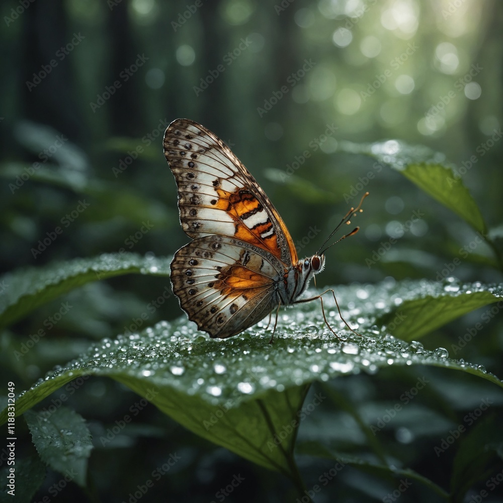 A delicate butterfly resting on a dew-covered leaf in a serene forest clearing.
A delicate butterfly resting on a dew-covered leaf in a serene forest clearing.