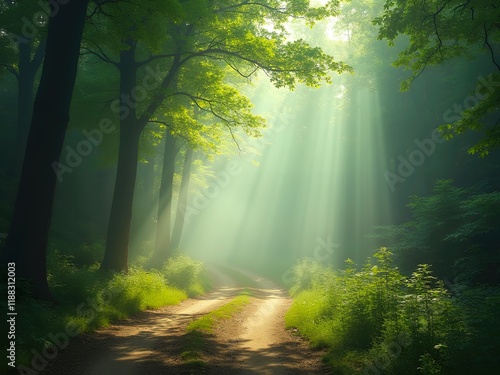 Dirt road in forest, sunbeams shining, trail leads onward
