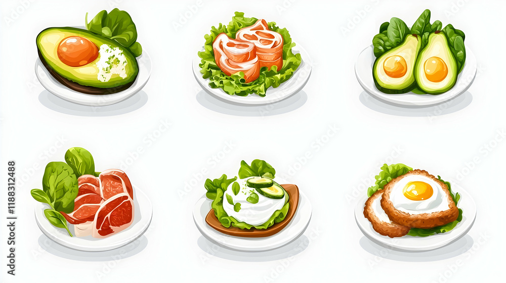 Healthy breakfast food menu collage avocado, egg, salmon, prosciutto, isolated white background, website design Healthy breakfast food menu collage avocado, egg, salmon, prosciutto, isolated white background, website design