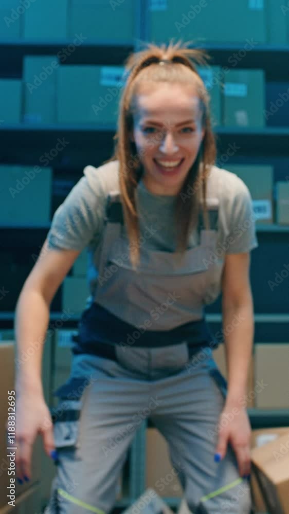 Portrait of Crazy Female Warehouse Employee Pushing Cardboard Boxes, Screaming, Looking at Camera. Postal Logistics Center with Shelves full of Packages. Blue Neon Lighting. Vertical Shot. Slow Motion