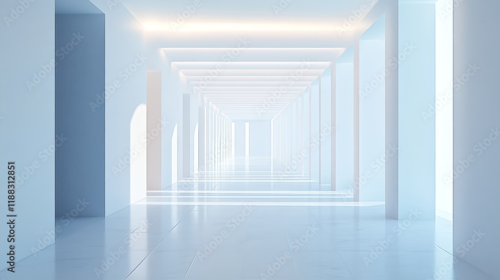 Obraz premium Bright, minimalist hallway with soft light and reflective floor.