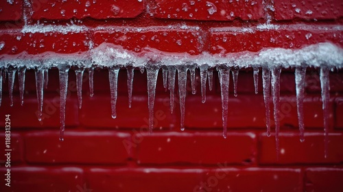 Icicles hanging from snow-covered red brick wall in winter. photo