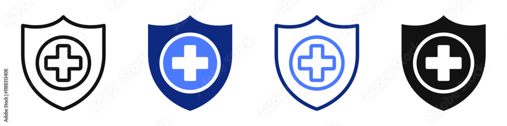 Vector icon or logo of shield with medicine sign related to medical insurance and health protection. Symbol for website or app ui, logo design, illustration Vector icon or logo of shield with medicine sign related to medical insurance and health protection. Symbol for website or app ui, logo design, illustration