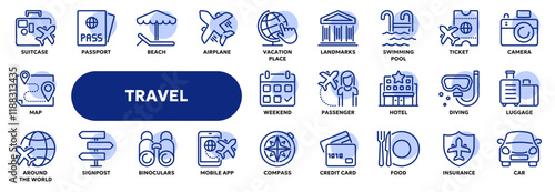 Set of vector line icons related to tourism, summer vacation, airplane travel. Symbols for website or app ui, logo design, illustration