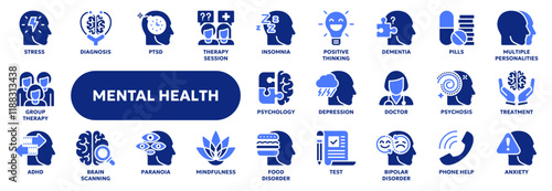 Set of vector solid icons related to mental health therapy, psychology, depression and anxiety. Symbols for website or app ui, logo design, illustration
