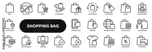 Set of vector line icons related shopping bag and package, sale and discount, online and retail commerce. Symbols for website or app ui, logo design, illustration