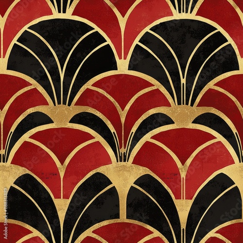 Art Deco pattern featuring fan shapes in red, black, and gold hues.
