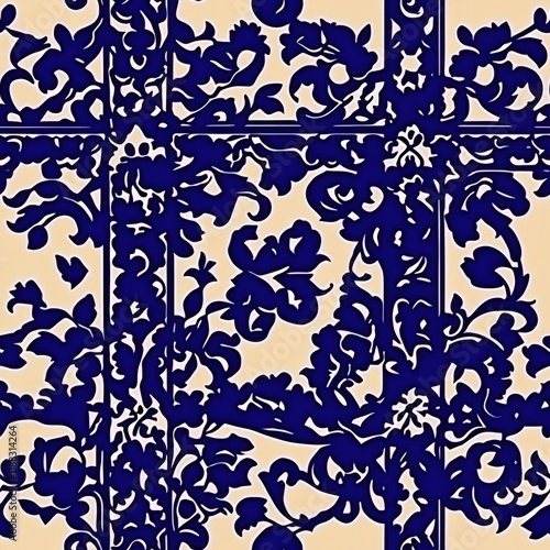 Intricate navy floral pattern on a light background, perfect for textile design.