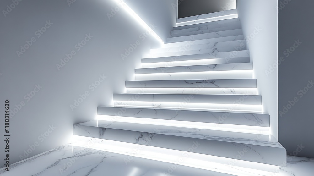 Illuminated marble staircase in minimalist white interior. Illuminated marble staircase in minimalist white interior.