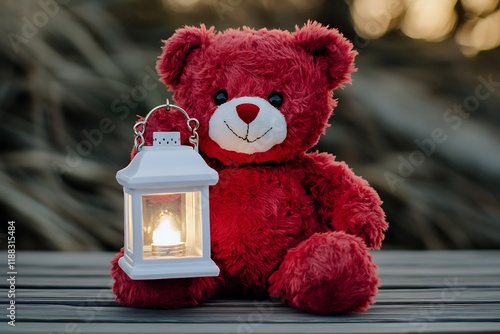 Vibrant red teddy bear holding a white lantern, ideal for themes of light and guidance.