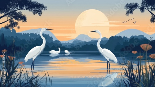 World Wetlands Day design featuring heron, swan, and wetland landscapes. photo