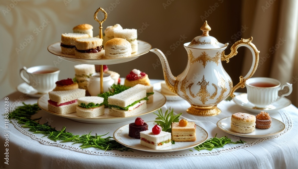 Fototapeta premium Elegant Afternoon Tea Set with Delicate Sandwiches and Golden Teapot