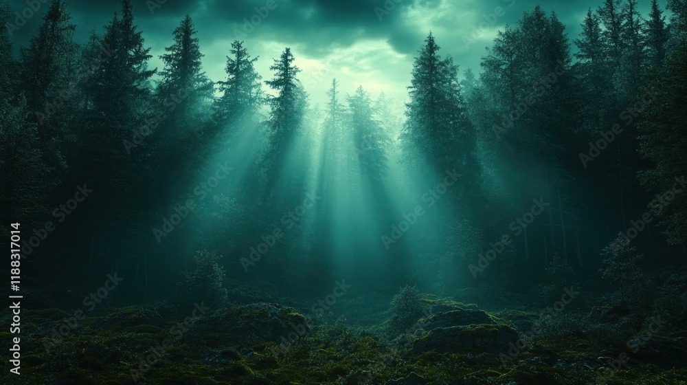 Obraz premium Light Beams Through Foggy Forest.