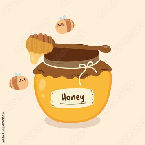 Cute Hand Drawn Honey Jar and Bee Illustration