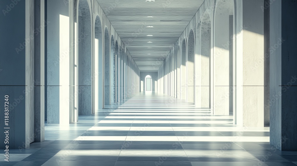 Sunlit architectural hallway with arched columns and tiled floor. Sunlit architectural hallway with arched columns and tiled floor.