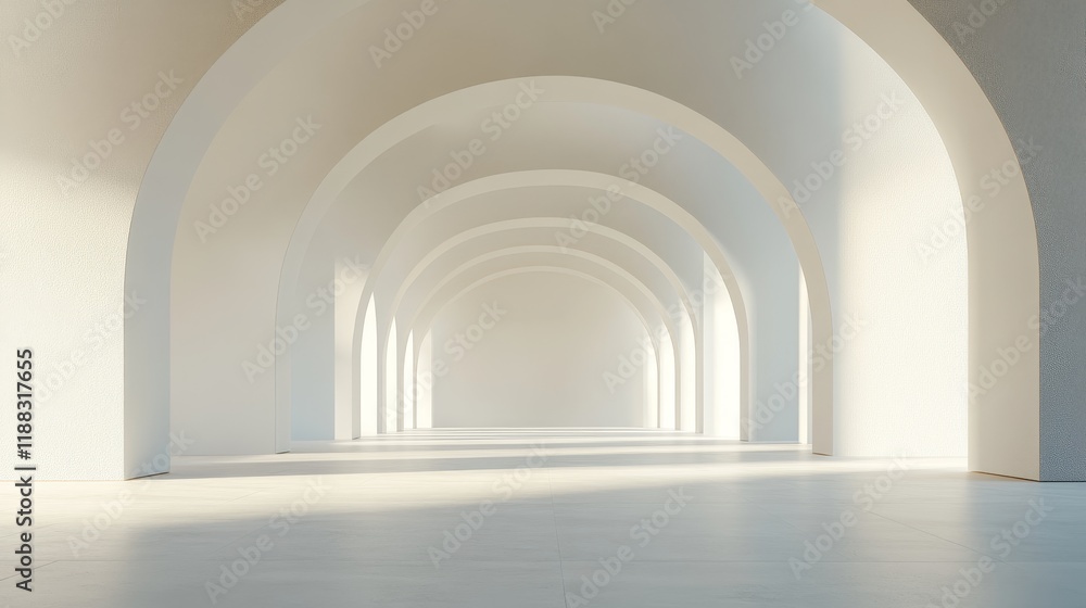 Sunlit white arches hallway, minimalist architecture interior. Sunlit white arches hallway, minimalist architecture interior.