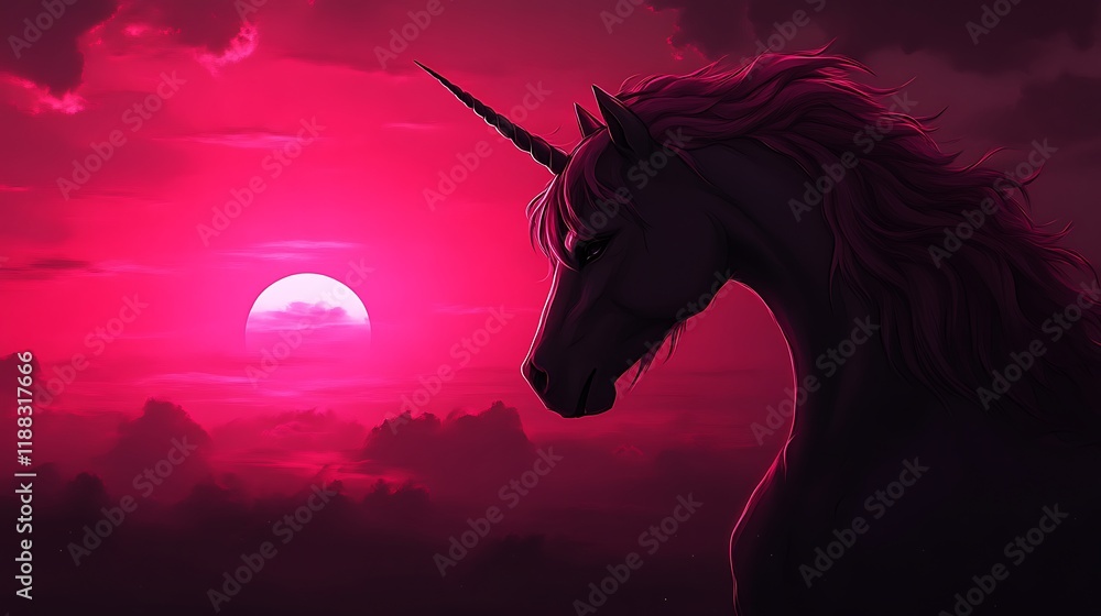 Fototapeta premium Dark Unicorn Silhouetted Against a Crimson Sunset Sky