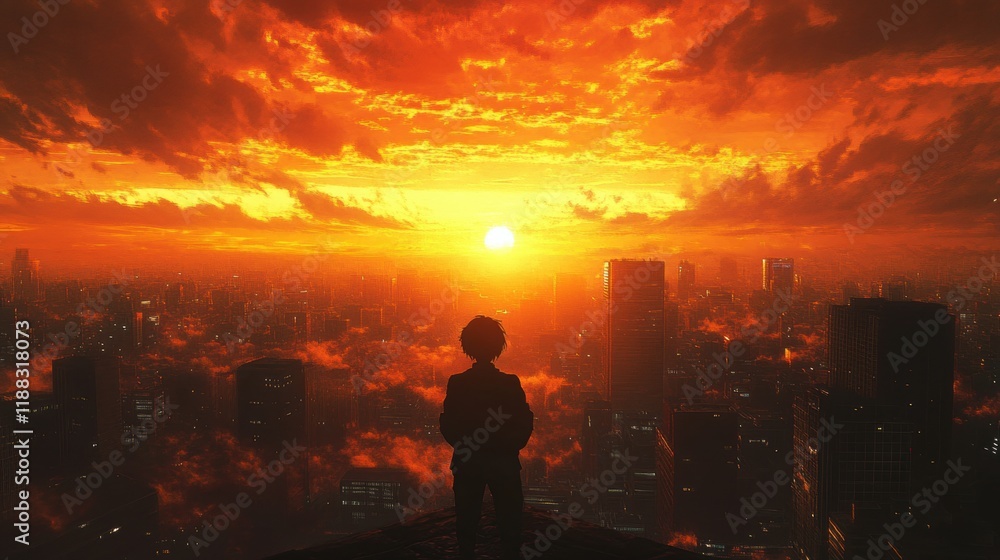 Fototapeta premium Anime character against a vibrant sunset cityscape, showcasing dynamic colors and an atmospheric urban environment.