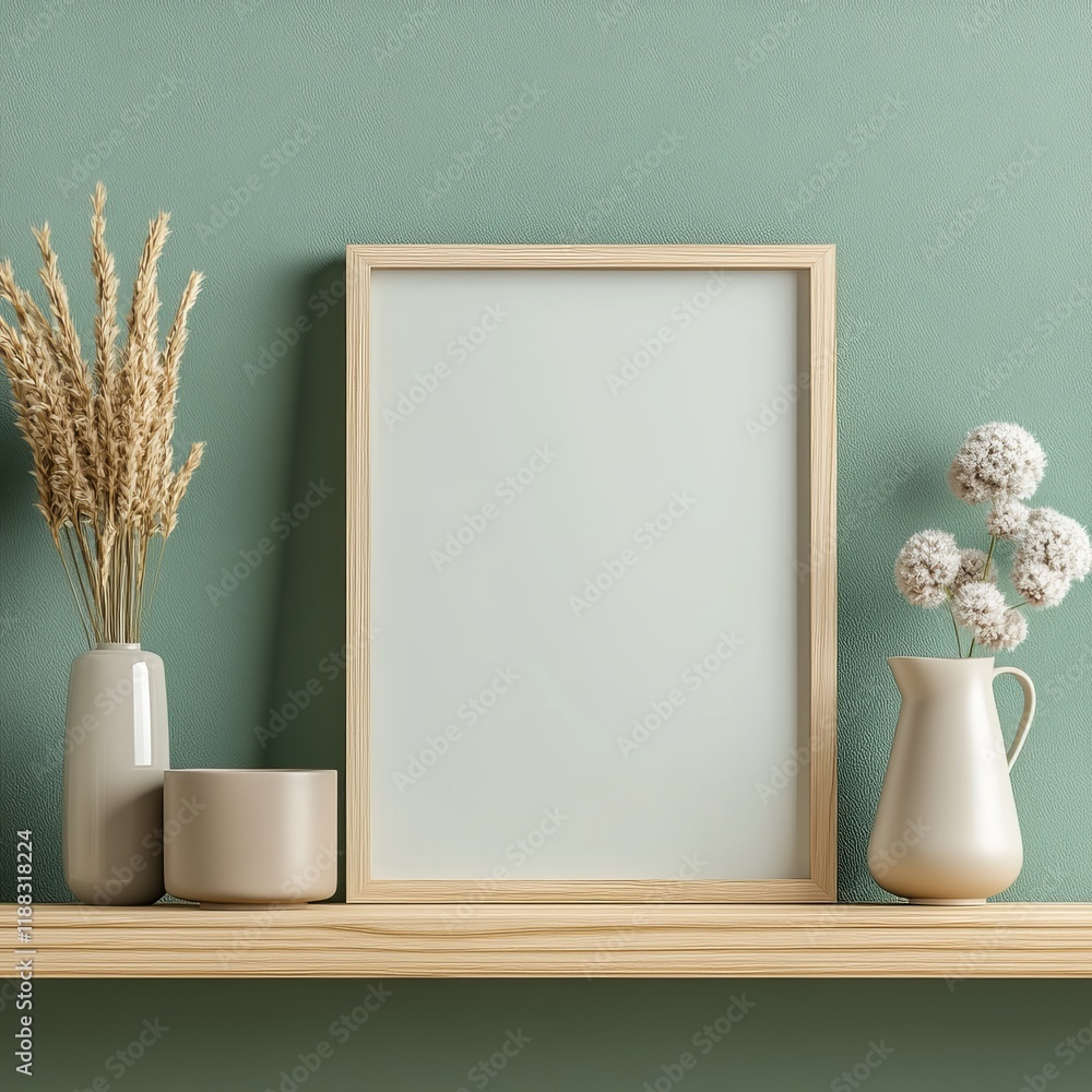 Blank frame mockup on wooden shelf with vases and dried flowers against sage green wall. Blank frame mockup on wooden shelf with vases and dried flowers against sage green wall.