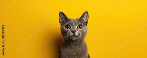 A cute gray cat stares curiously at the viewer against a bright yellow background.