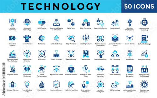 Technology icons set with satellite technology, geospatial technology, light fidelity, augmented reality in education, digital twins, edge computing, swarm intelligence icon. Simple flat vector 

