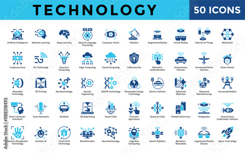 Technology icons set with artificial intelligence, machine learning, deep learning, natural language processing, computer vision, robotics, augmented reality icon. Simple flat vector 
