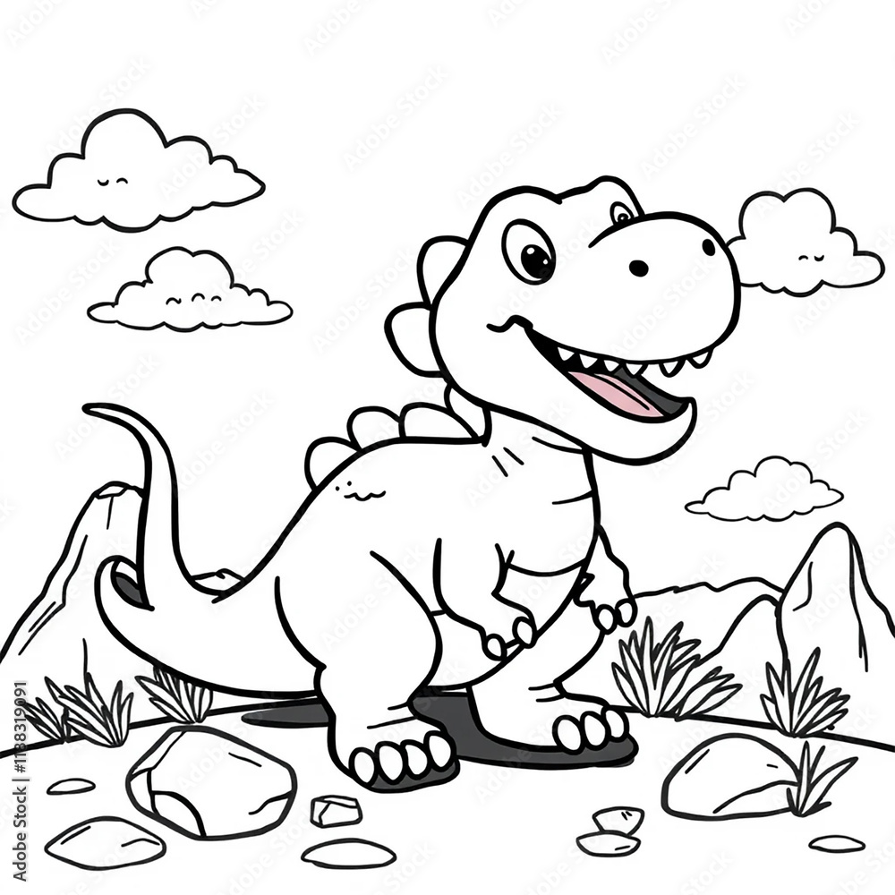 Cute Cartoon T-Rex Dinosaur in Prehistoric Landscape Coloring Book Art Cute Cartoon T-Rex Dinosaur in Prehistoric Landscape Coloring Book Art