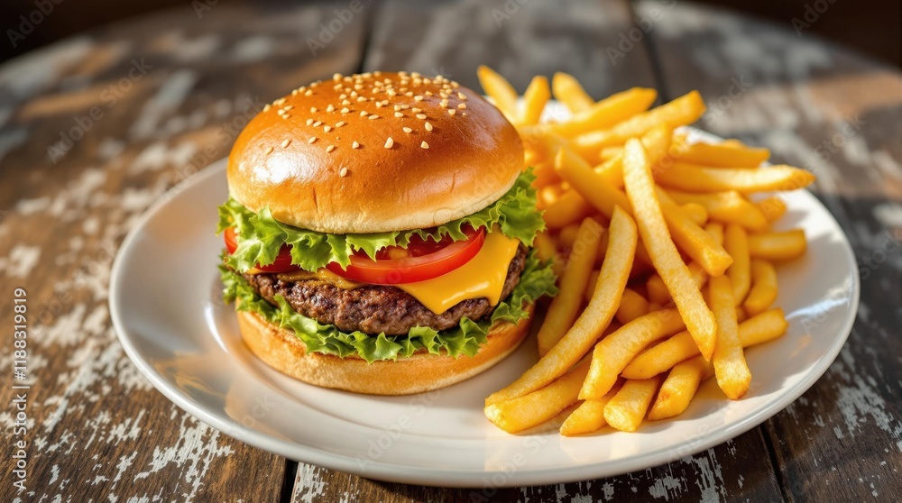 Delicious cheeseburger with fresh fries on rustic wooden table Delicious cheeseburger with fresh fries on rustic wooden table