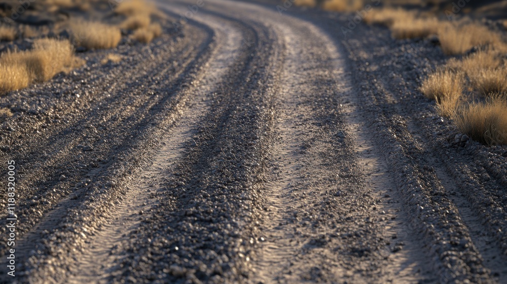 Naklejka premium Dusty gravel road, textured surface, worn tracks, signs of use, rustic charm, earthy tones, inviting journey, rural landscape