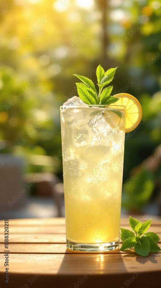 Refreshing lemonade with mint leaves and ice cubes in sunlit garden Refreshing lemonade with mint leaves and ice cubes in sunlit garden