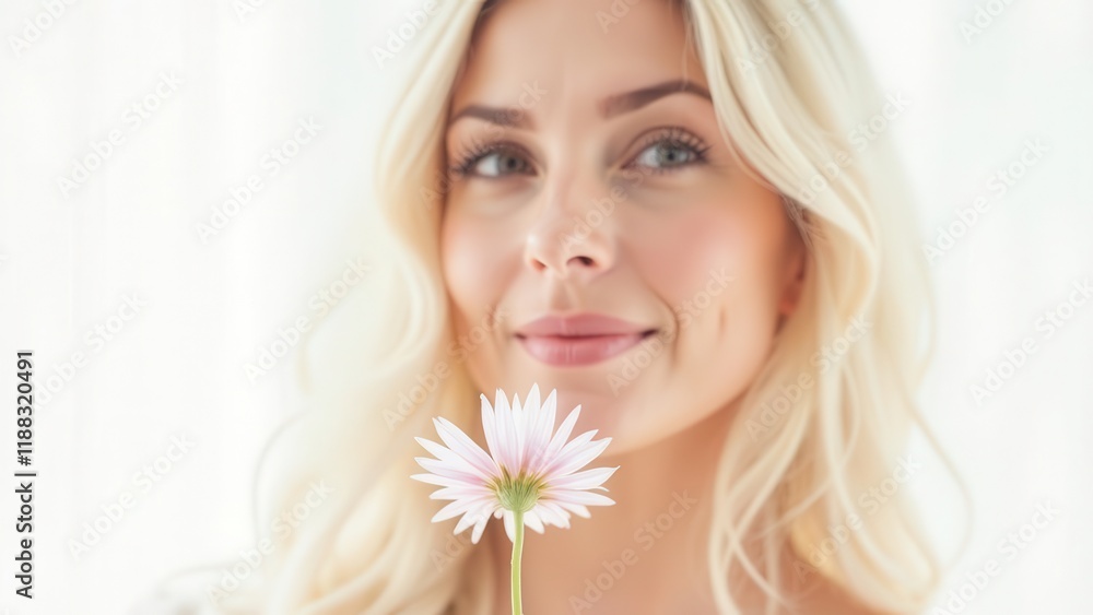 Beautiful blonde woman holding a pink flower. Beautiful blonde woman holding a pink flower.