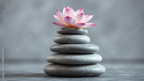 A delicate pink lotus flower rests atop a perfectly balanced stack of smooth grey stones, a symbol of tranquility and inner peace.