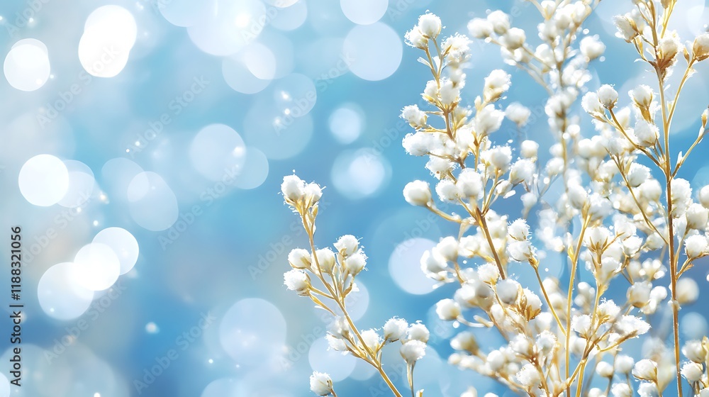 Fototapeta premium Delicate white flowers against a soft blue bokeh background