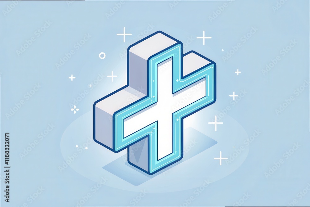 Fototapeta premium Abstract geometric cross on blue background with neon glow