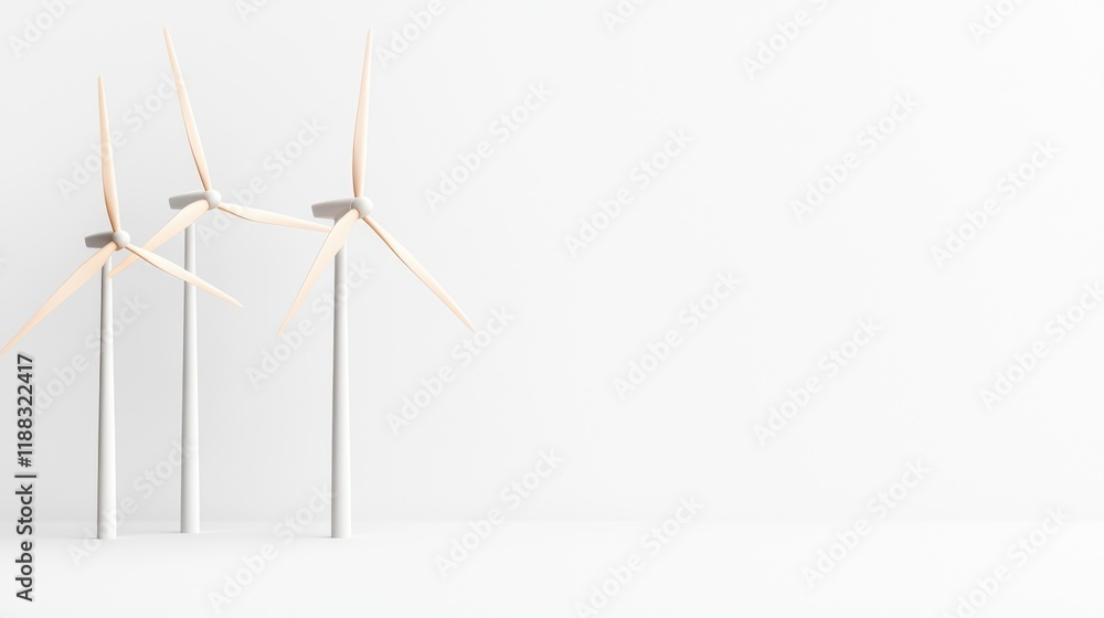 Three miniature wind turbines on a minimalist white background, representing sustainable energy and eco-friendly technology. Three miniature wind turbines on a minimalist white background, representing sustainable energy and eco-friendly technology.
