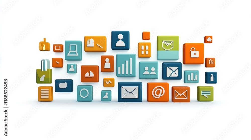 A collection of colorful icons representing various digital communication and data management tools.