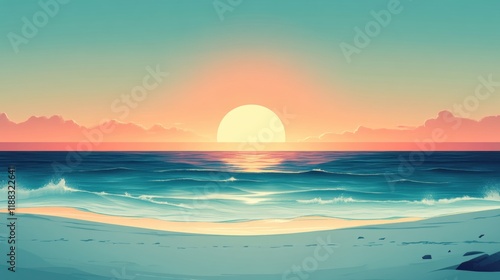 Serene Beach Escape, tranquil shoreline with gentle waves, radiant sun casting warm hues, perfect for a calming desktop backdrop photo