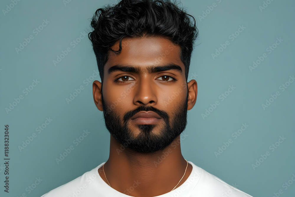 Portrait of a Man with Dark Hair and Beard Against a Solid Background Portrait of a Man with Dark Hair and Beard Against a Solid Background