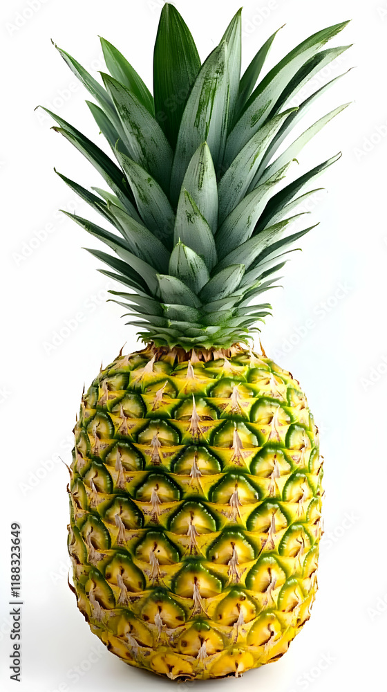 Ripe Pineapple Stands Tall on White Background with Green Crown Ripe Pineapple Stands Tall on White Background with Green Crown