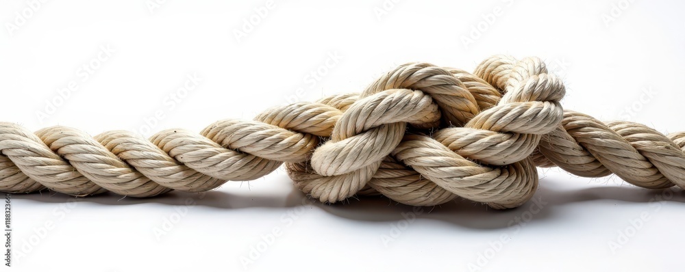 Coiled ship rope featuring a tight knot, against pure white backdrop , element, studio Coiled ship rope featuring a tight knot, against pure white backdrop , element, studio