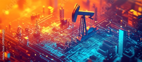 Oil pump jack on futuristic circuit board. photo