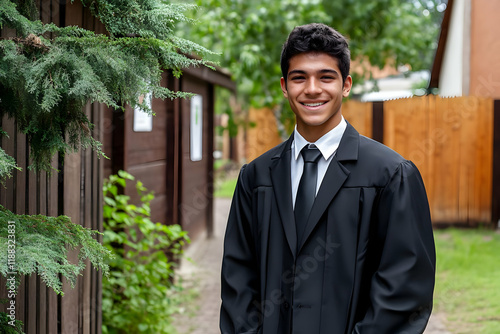 Wallpaper Mural Young Man Smiles in Graduation Gown and Tie Outdoors by a Wooden Fence Torontodigital.ca